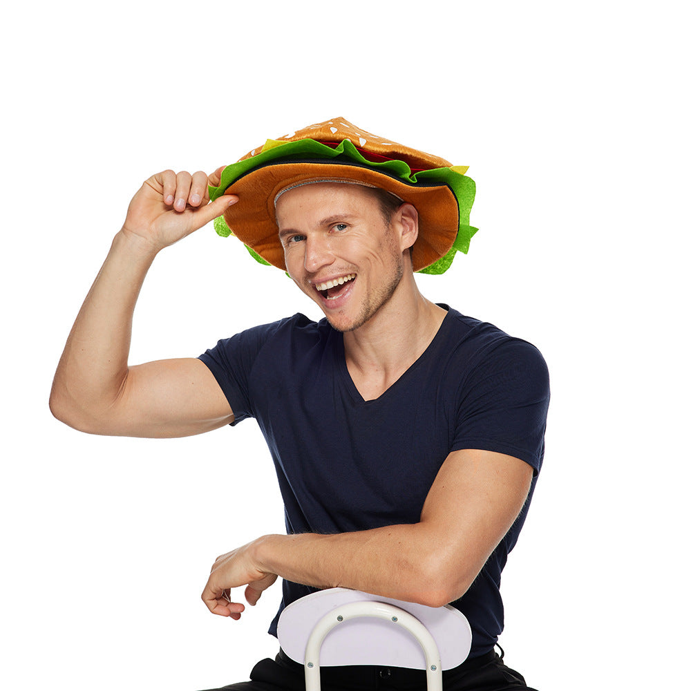 Adult man wearing burger hat for Halloween party