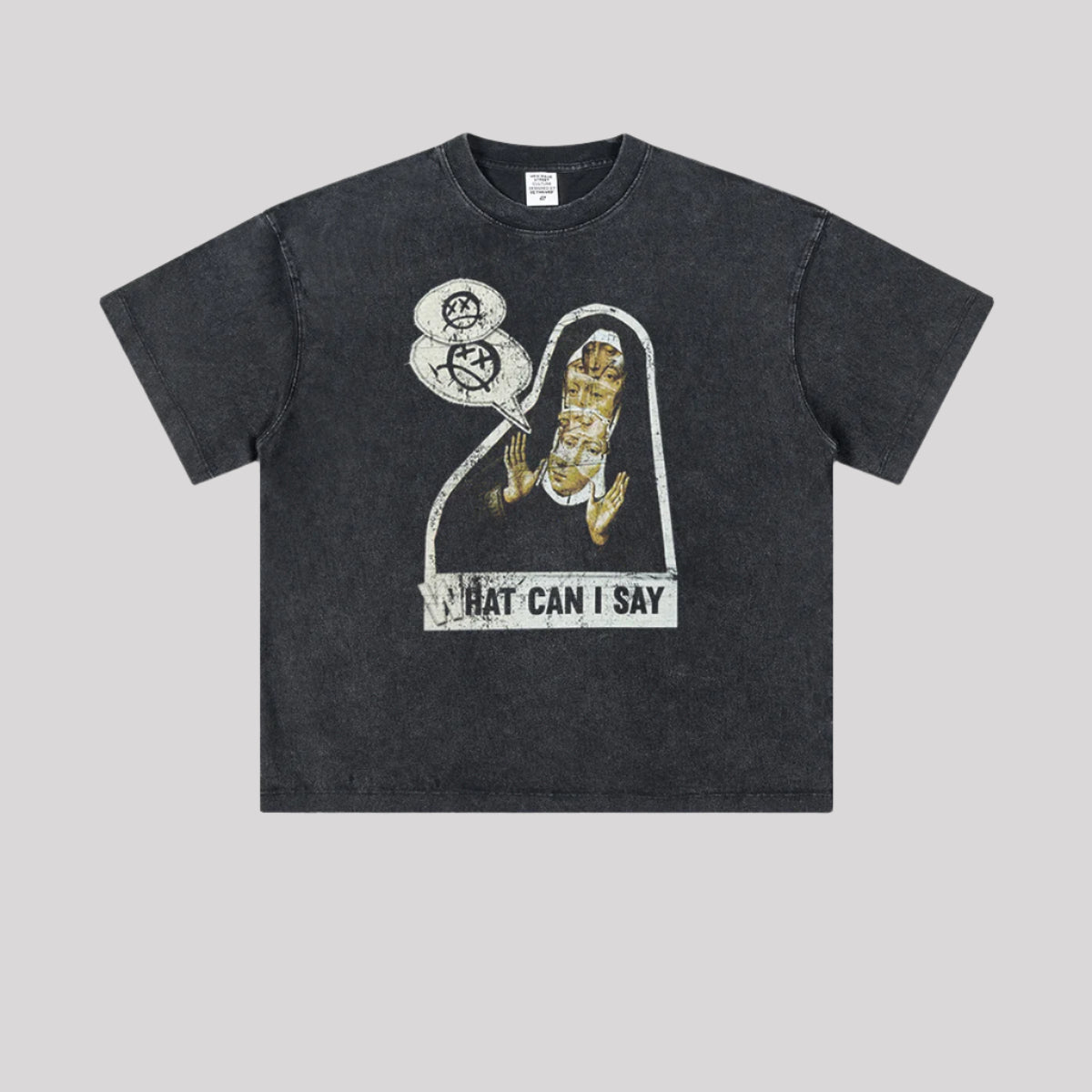 A black vintage-wash graphic t-shirt with 'WHAT CAN I SAY' print laid flat against light background. Features distressed look and crew neck