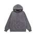 Carbon gray hoodie flat lay front, drawcord hood
