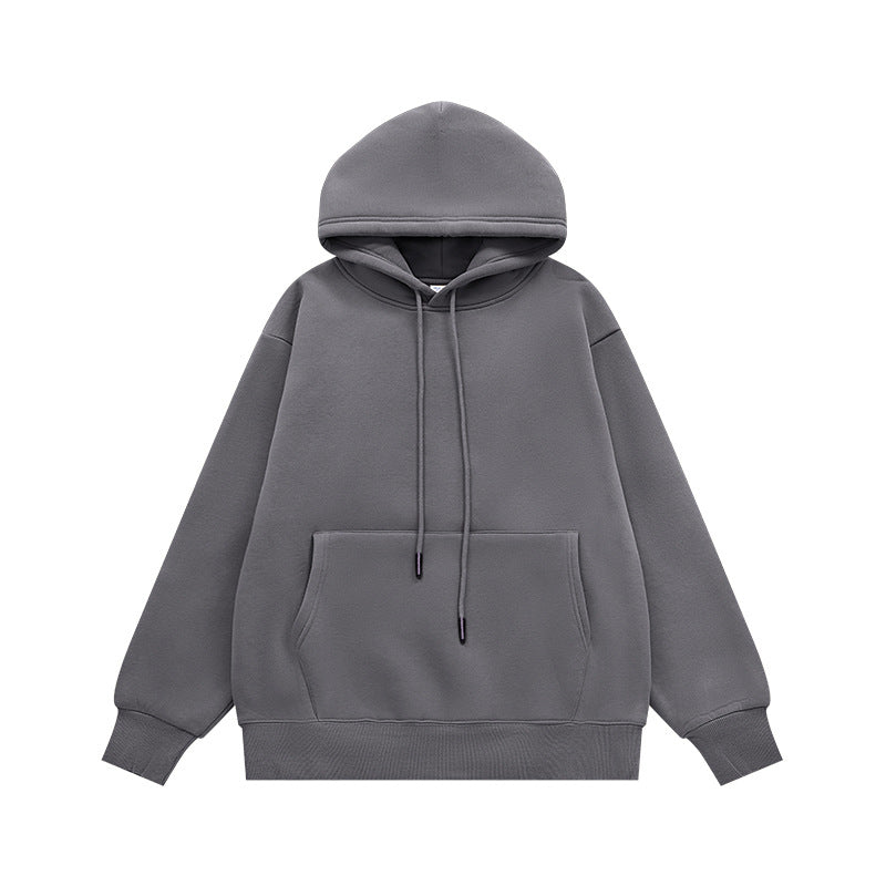 Carbon gray hoodie flat lay front, drawcord hood