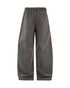 Charcoal corduroy pants flat lay back, elastic waist and patch pockets