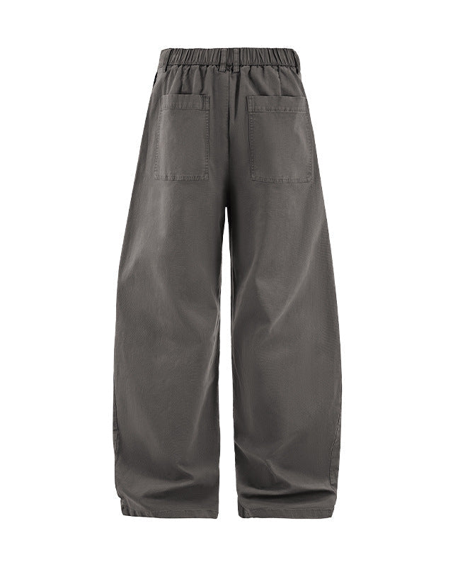 Charcoal corduroy pants flat lay back, elastic waist and patch pockets