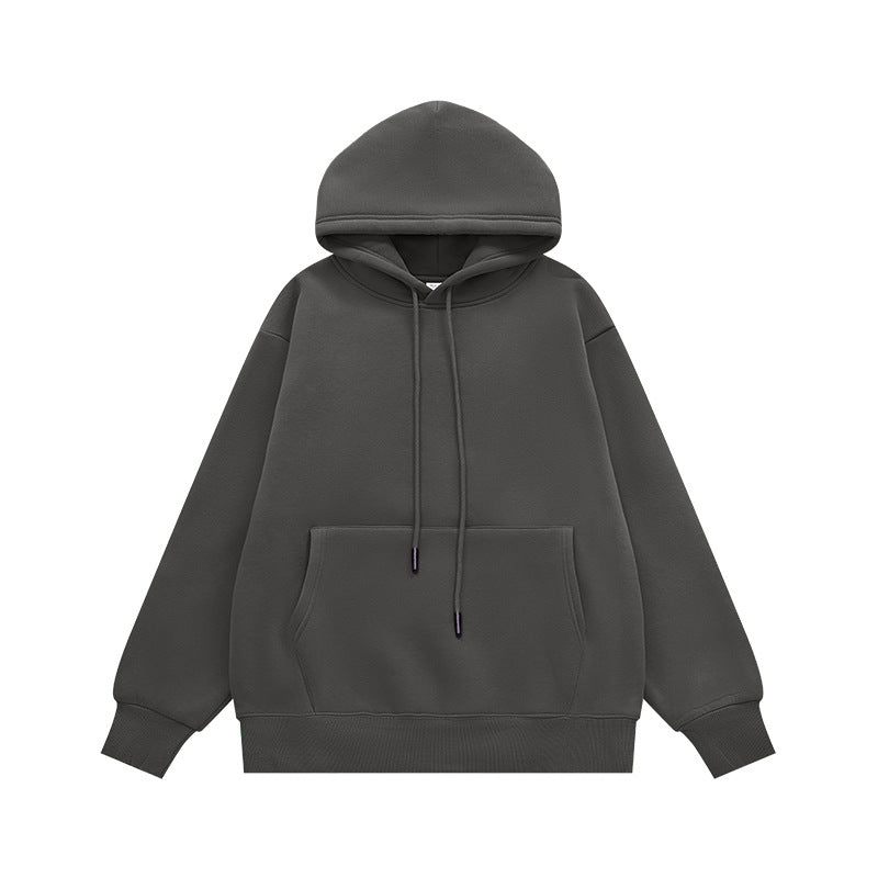 Charcoal hoodie flat lay front, drawcord hood