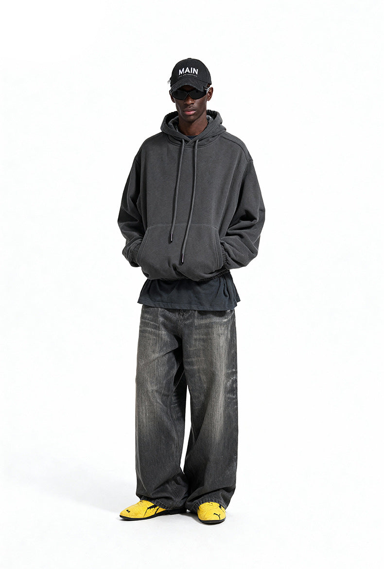 Charcoal oversized hoodie front view on model, heavy fleece