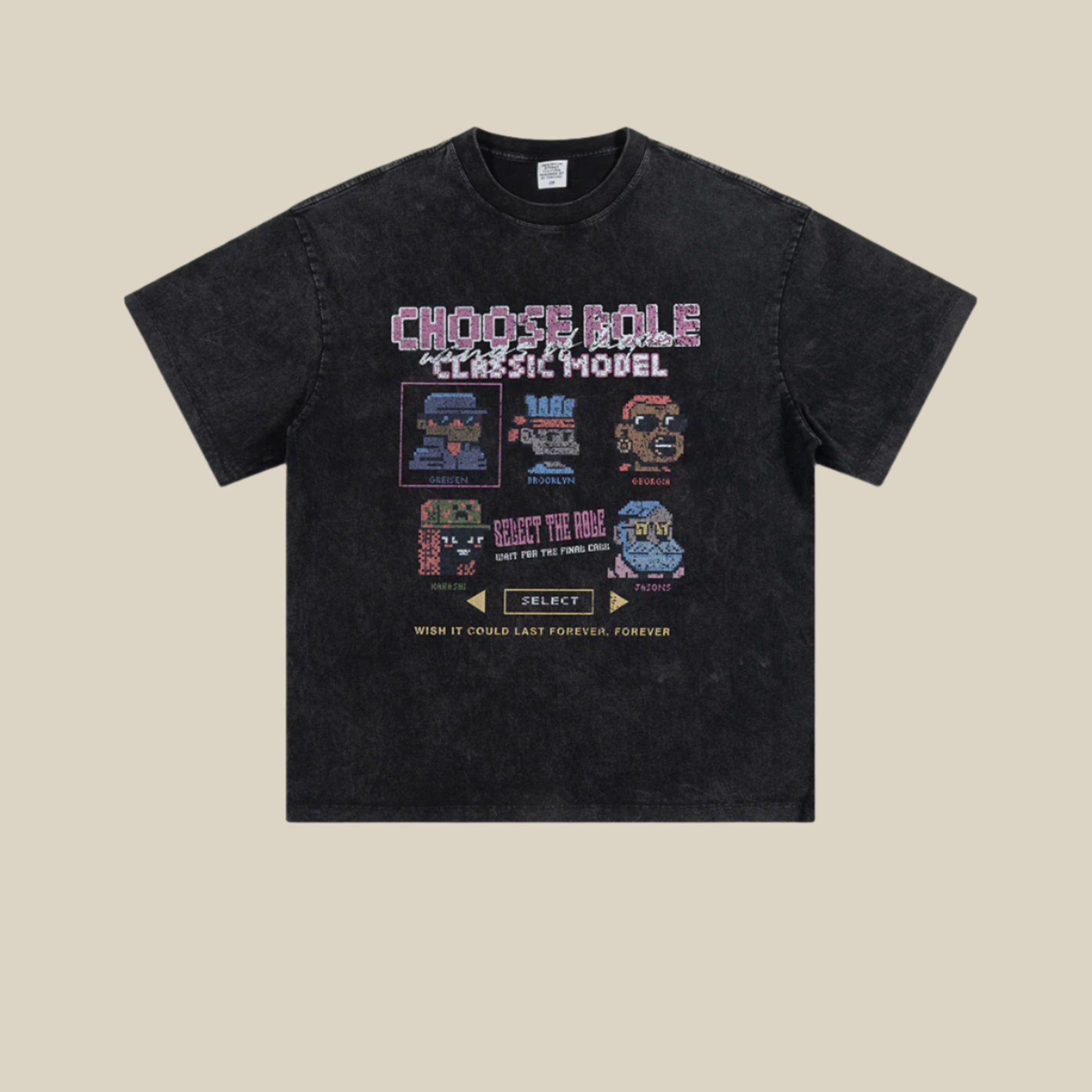 Black pixel tee with retro character graphics, laid flat for product display