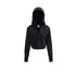 Women’s cropped hoodie, black, long sleeve, hood, front flat lay—minimal streetwear.