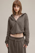 Brown cropped hoodie, front view—boxy crop, clean lines.