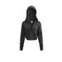 Women’s cropped hoodie, dark gray, long sleeve, hood, front flat lay.