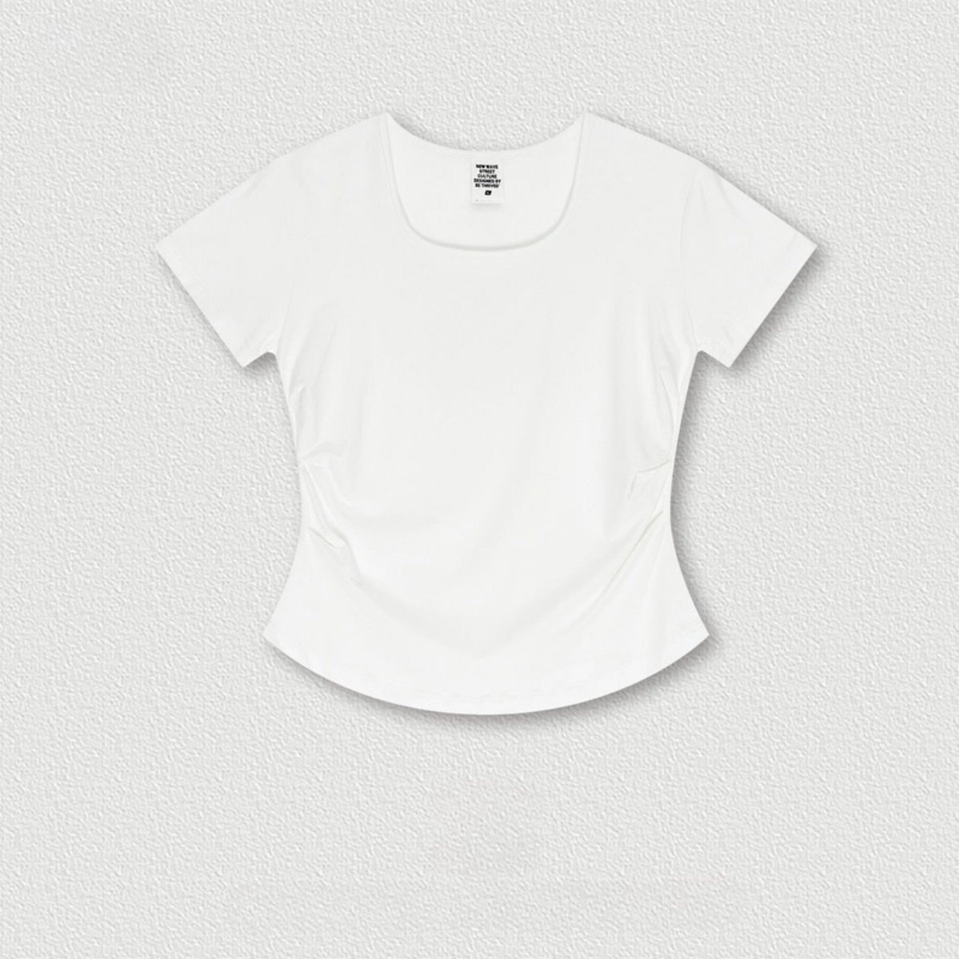 White fitted t-shirt with scoop neck and ruched side detail, flat product shot