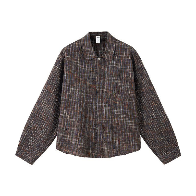 Dark-brown plaid shirt flat lay front, relaxed oversized cut