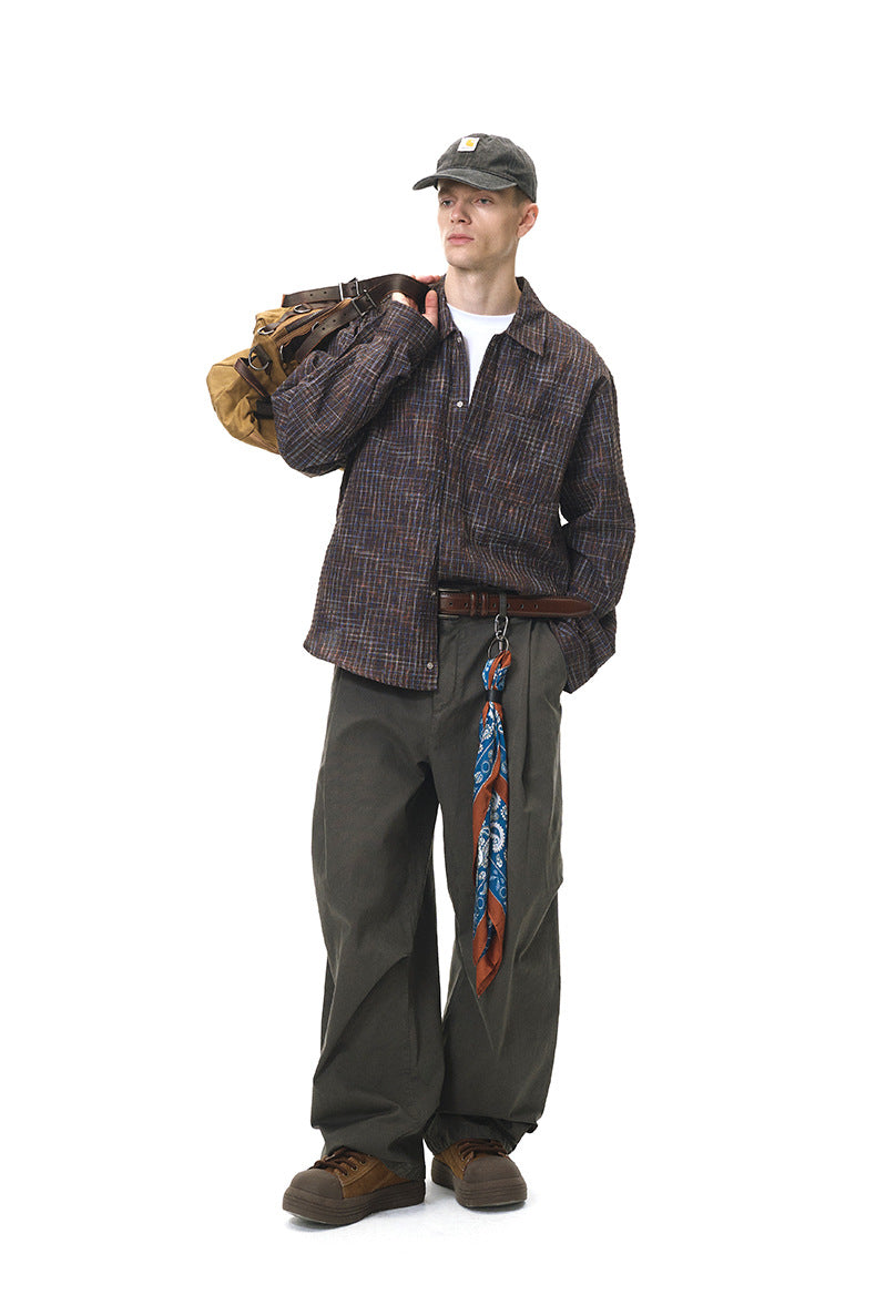 Dark-brown plaid shirt full-body front, relaxed straight pose