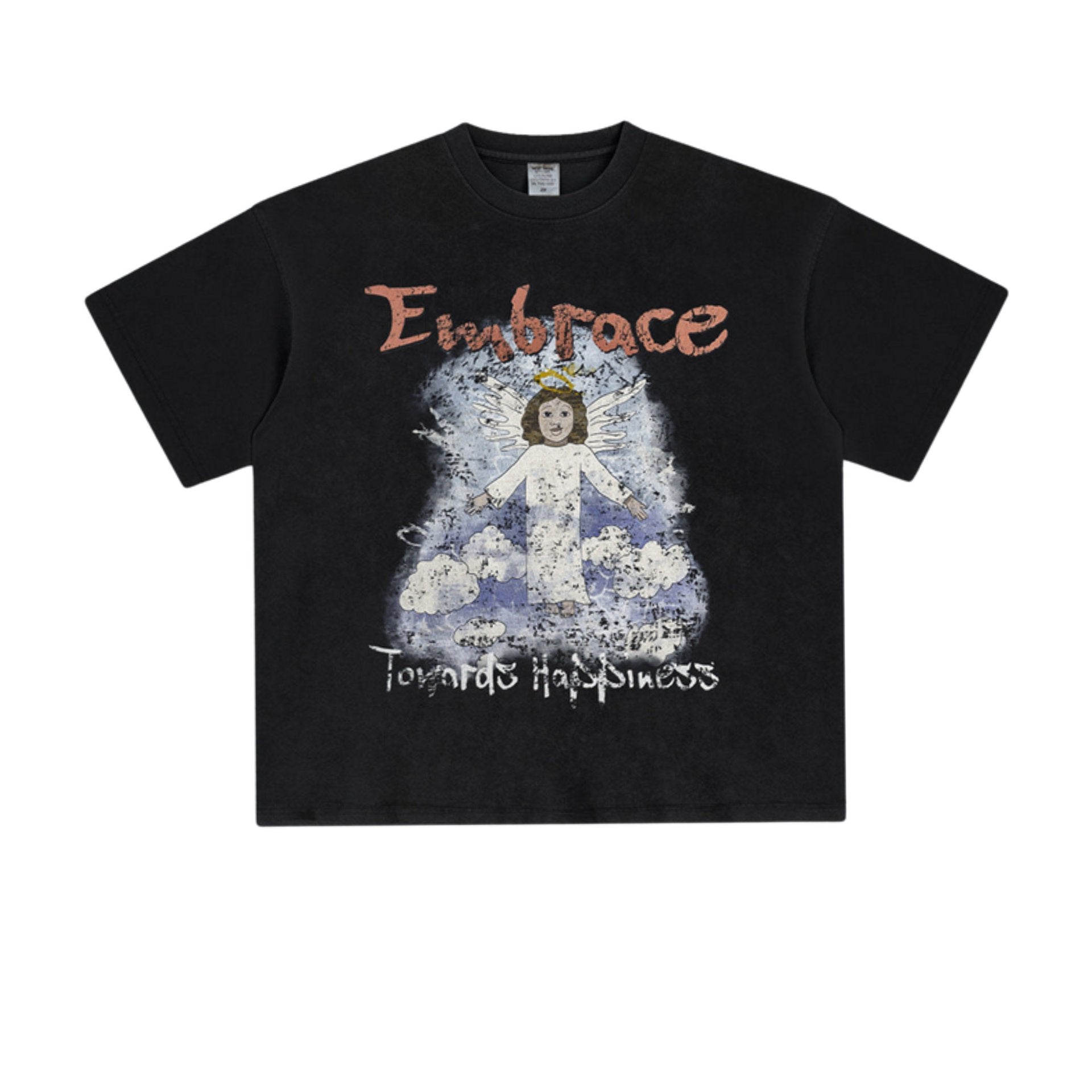 Flat-lay of black graphic T-shirt with red 'Embrace' text and angel illustration above 'Towards Happiness' text.