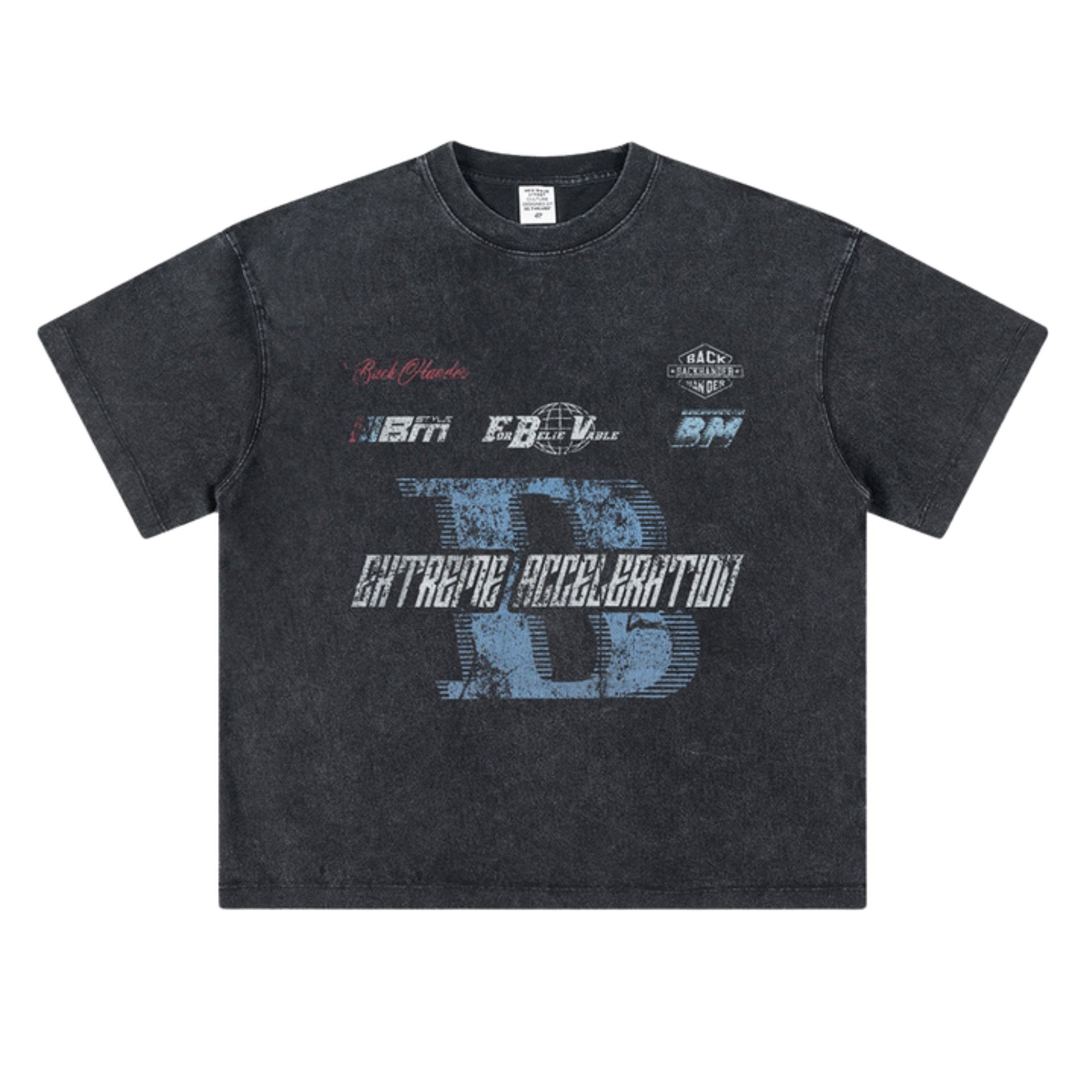 Black washed tee with racing-style "Extreme Acceleration" graphic.