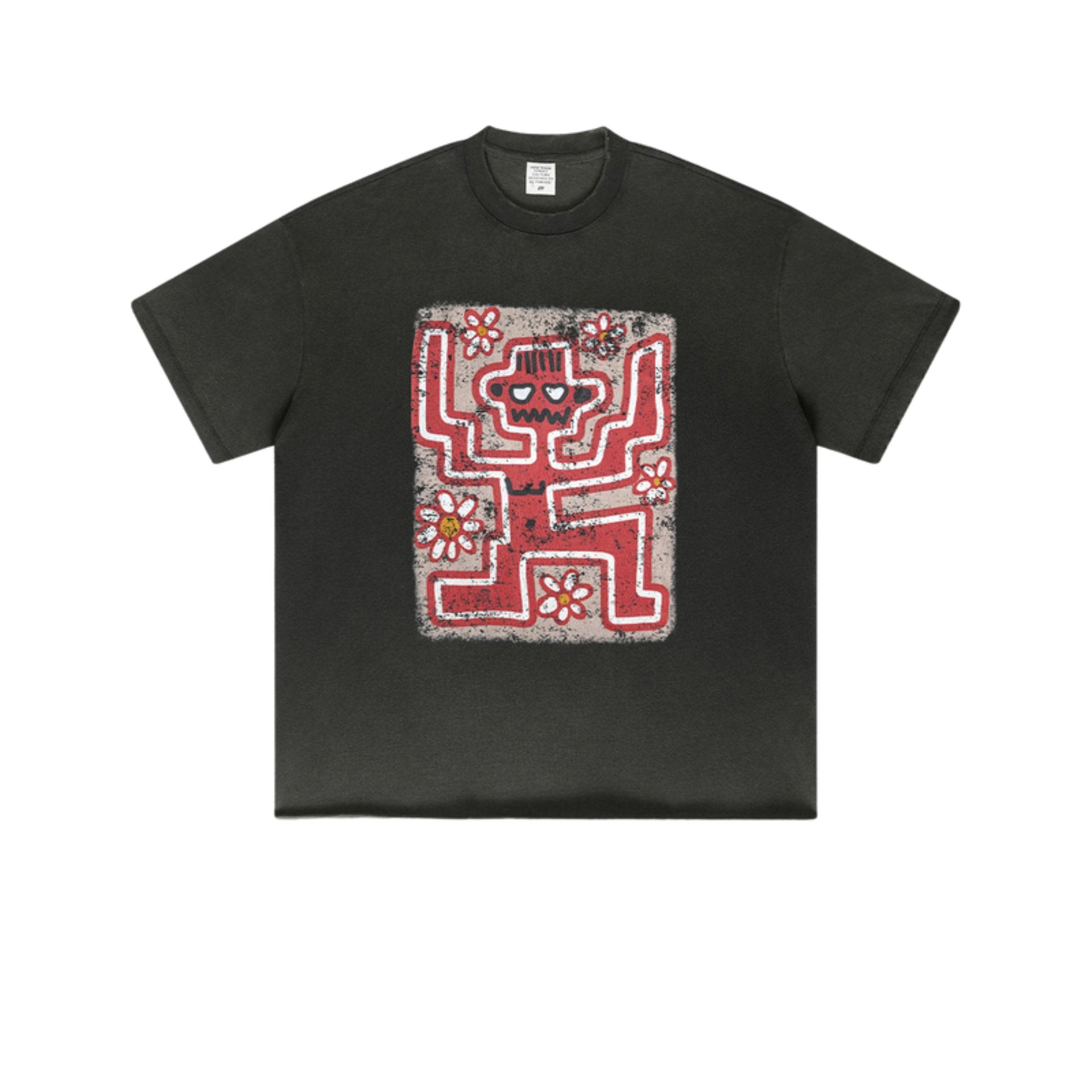 Flat lay of rust black t-shirt with red skeleton and floral graffiti design.