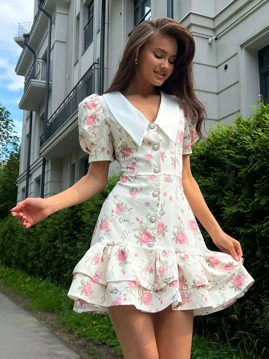 Floral Short Dress with Collar Puff Sleeves & Tiered Ruffle Hem ZINNTRA Floral Short Dress with Collar Puff Sleeves & Tiered Ruffle Hem ZINNTRA