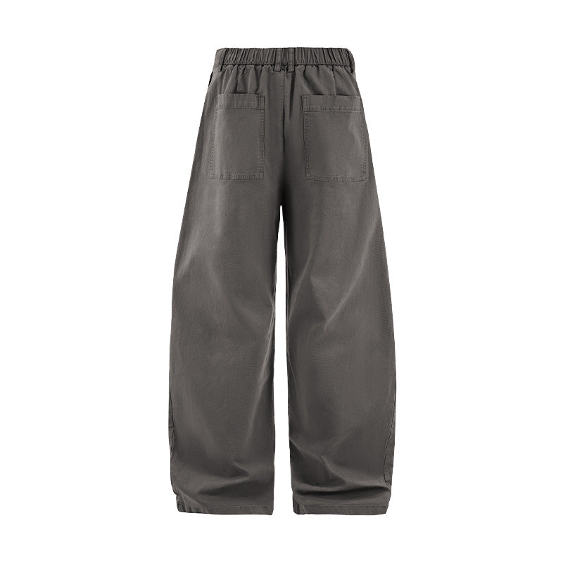 Gray pants styling piece, elastic waist and wide leg
