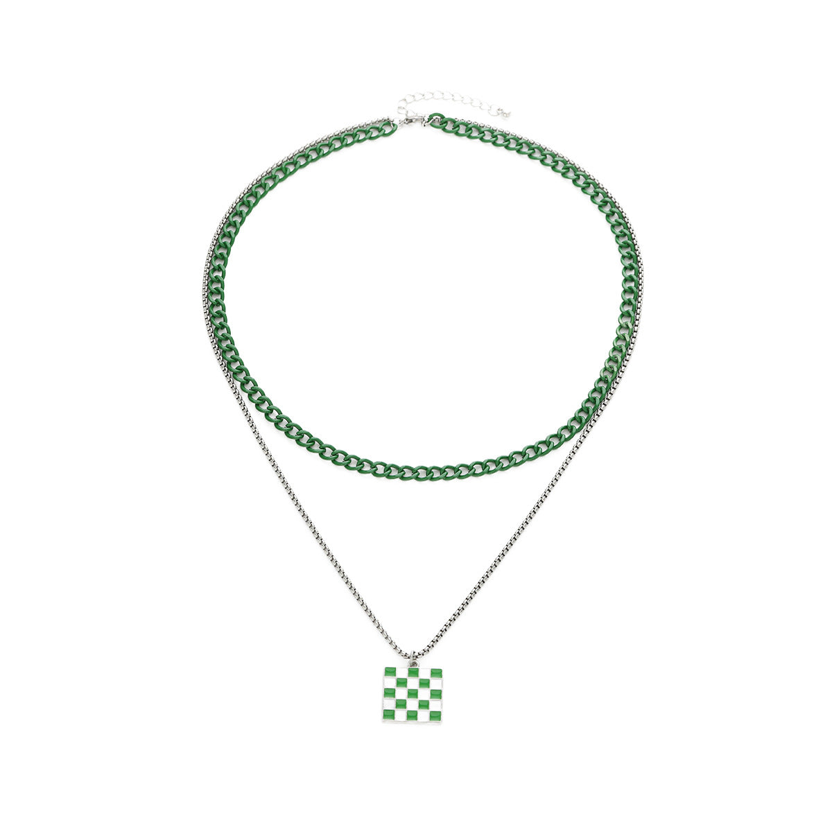 Full view of green and silver double chain necklace with enamel pendant on white background.