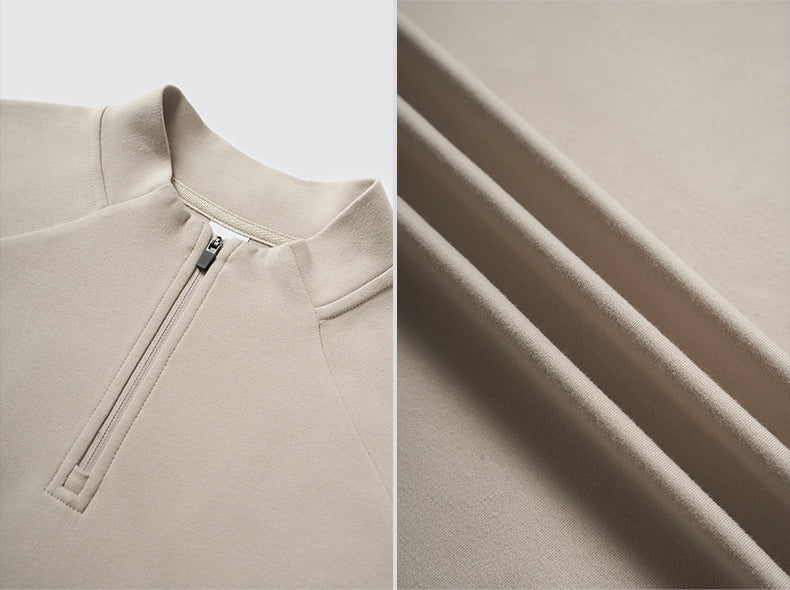 Cotton blend fabric detail half zip long sleeve t shirt