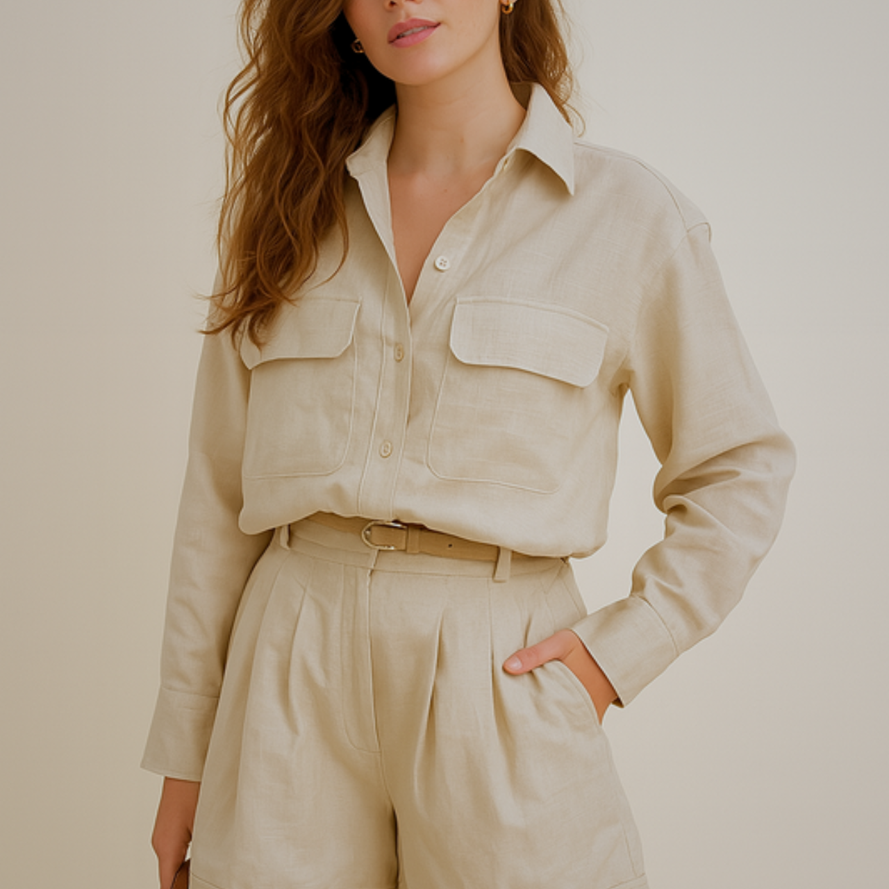 Woman wearing a khaki set with a shirt and shorts on a beige background