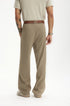 back view of of khaki mens dress pants front fit with belt
