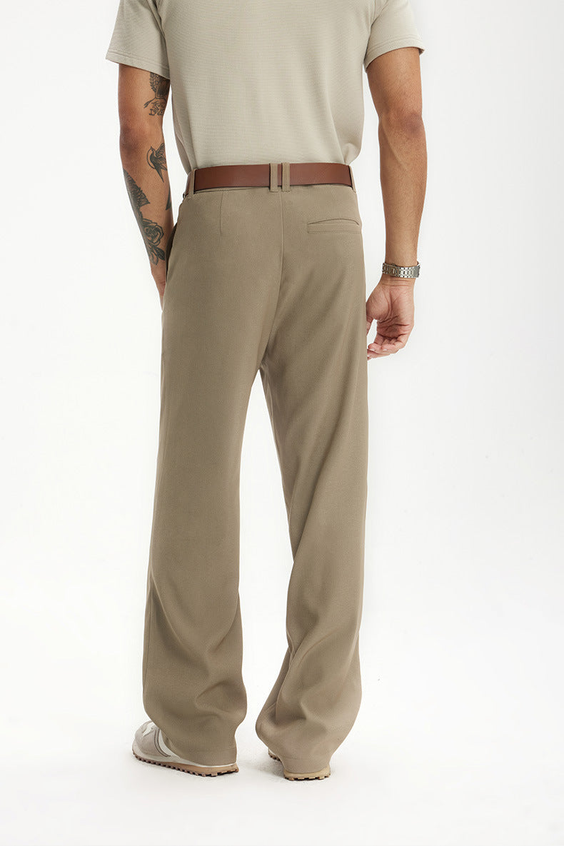 back view of of khaki mens dress pants front fit with belt