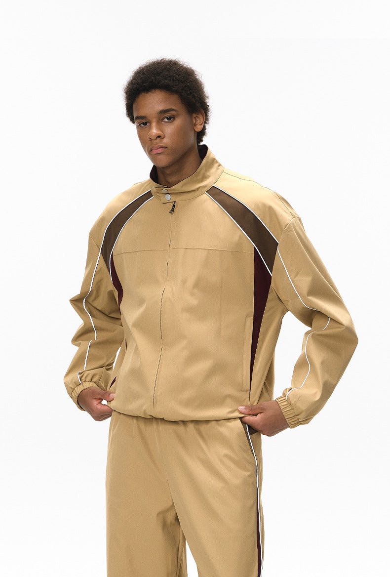 Khaki racing jacket half-body front, stand collar and piping