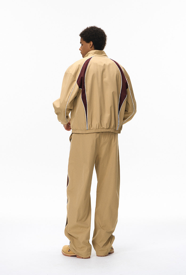 Khaki tracksuit back view, racing jacket panels and wide leg pants