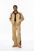 Khaki tracksuit front view, jacket open over tee, wide leg pants