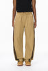 Khaki wide leg track pants front view, elastic waist and straight hem
