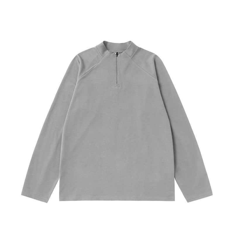 Light gray cotton blend half zip long sleeve t shirt relaxed fit