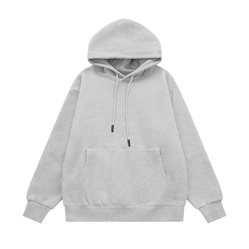 Light gray hoodie flat lay front, drawcord hood