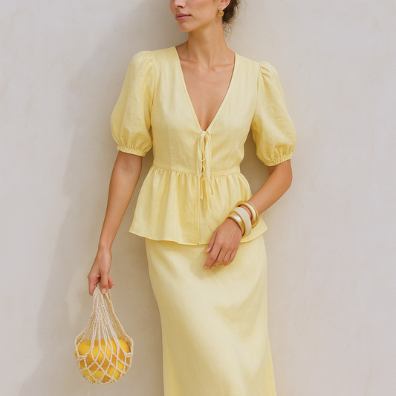Woman wearing a yellow puff sleeve set holding a matching bag against a beige background
