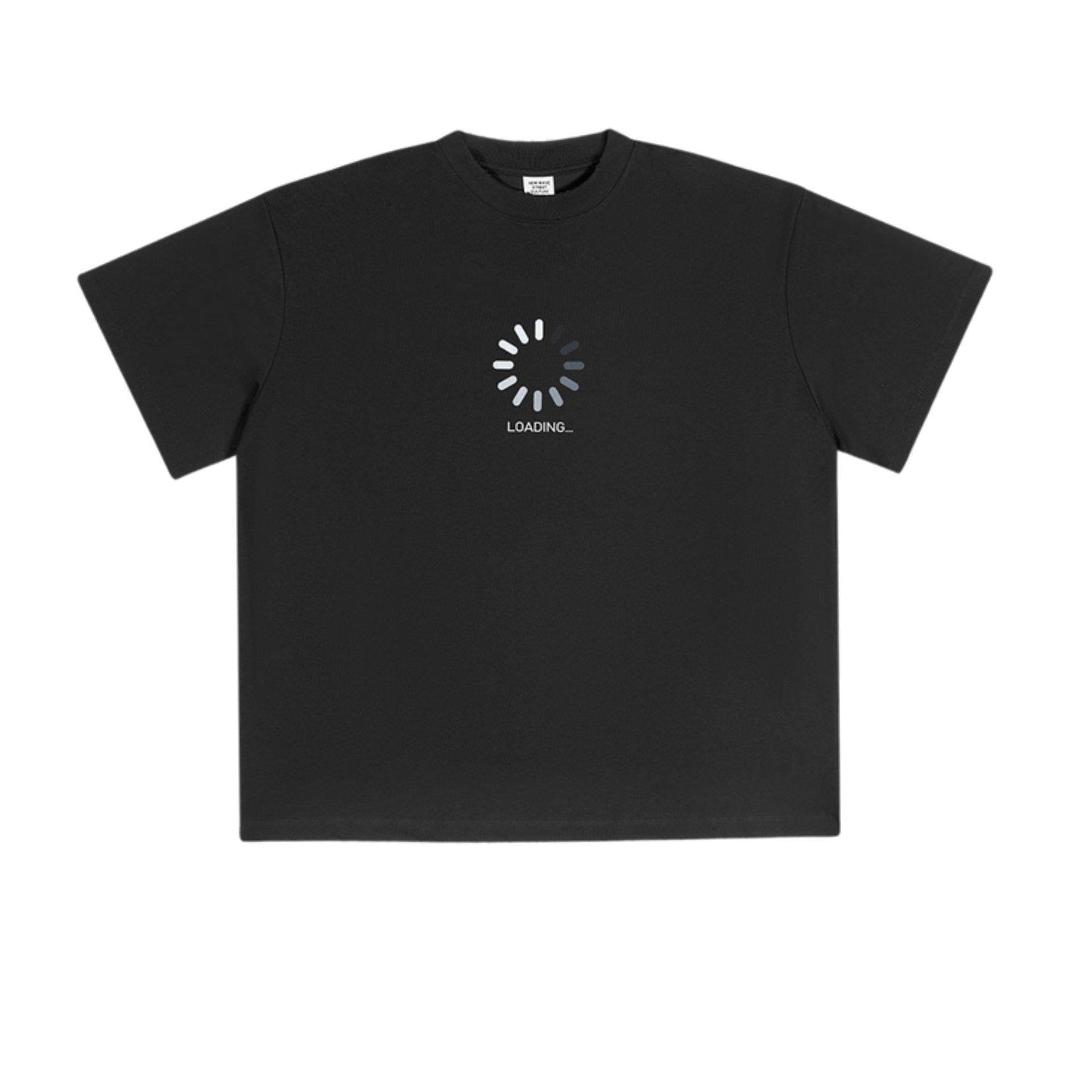 Black t-shirt with “LOADING...” spinner graphic on front, flat lay.