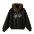 Black fur-hood zip jacket with “Lucky” logo, front view on white.