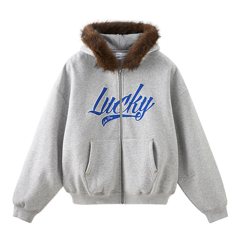 Gray fur-hood zip jacket with blue “Lucky” logo, front view.