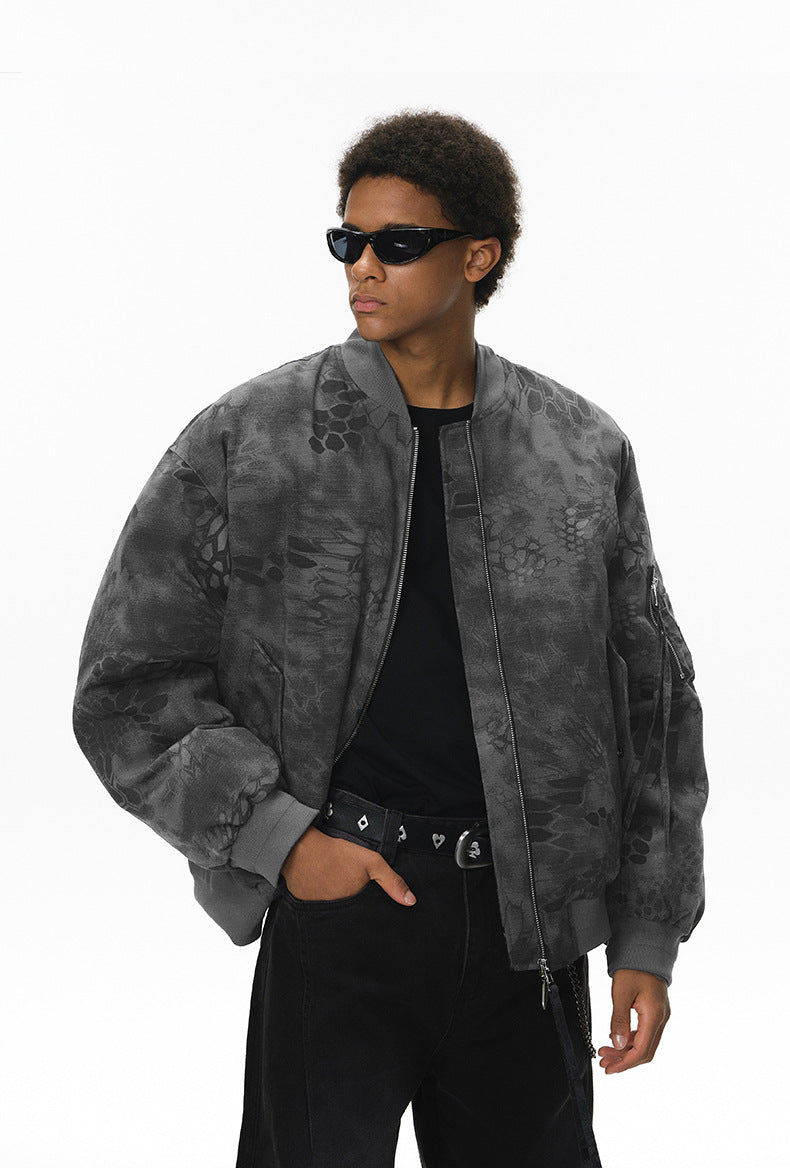 Men bomber jacket dark gray three-quarter front, casual stance