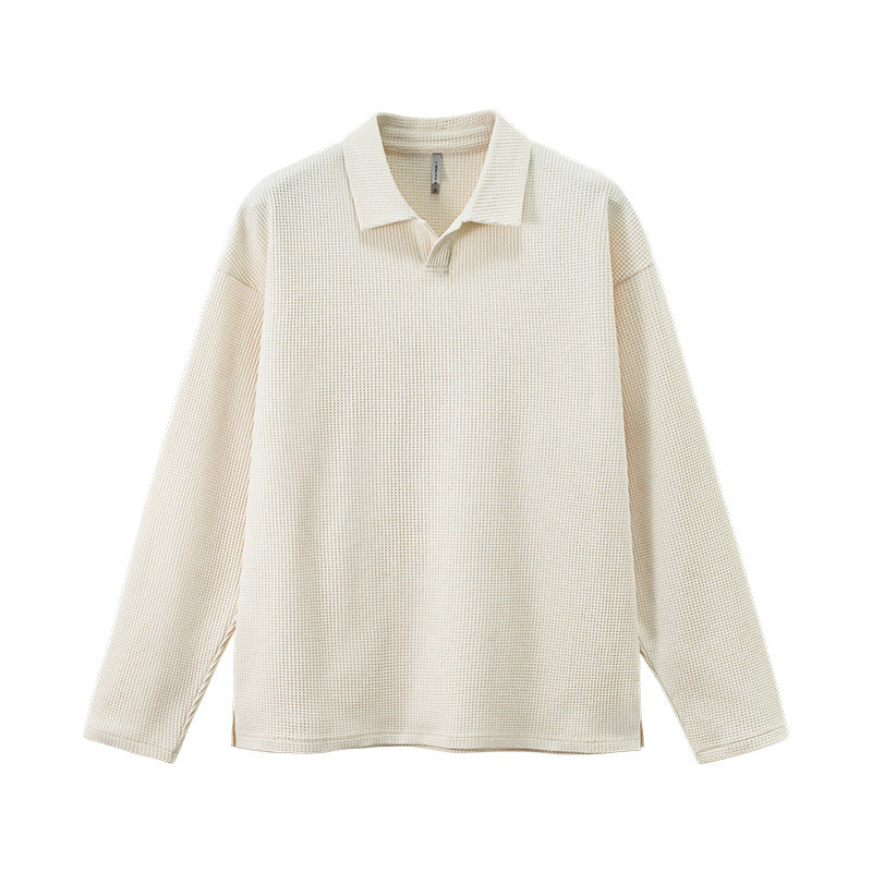 Men’s off-white long sleeve t shirt waffle knit seagull collar casual streetwear