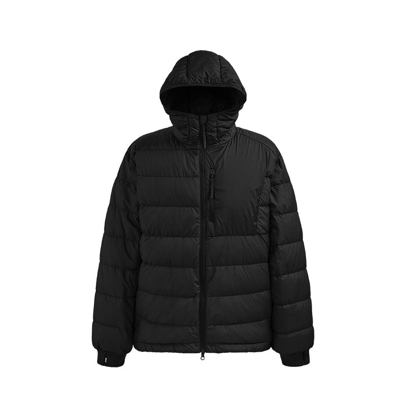 Black men’s puffer jacket flat front, hooded water-resistant down