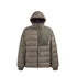 Brown men’s puffer jacket flat front, hooded and lightweight