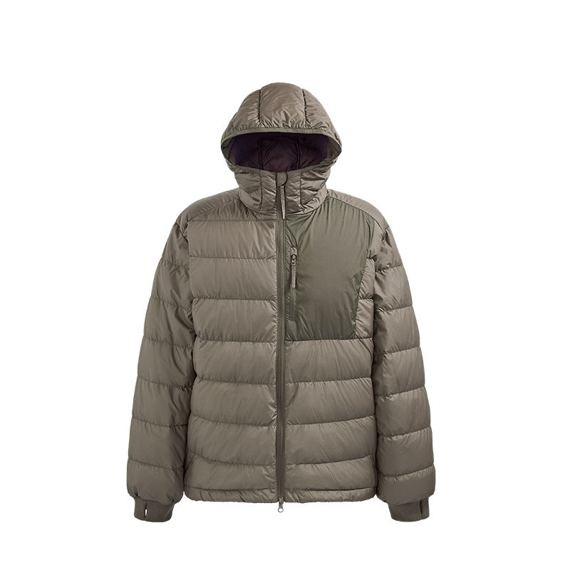 Brown men’s puffer jacket flat front, hooded and lightweight