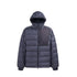 Navy blue men’s puffer jacket hood up, insulated collar