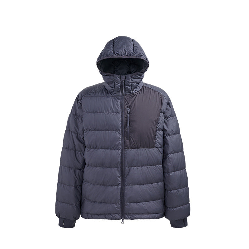 Navy blue men’s puffer jacket hood up, insulated collar