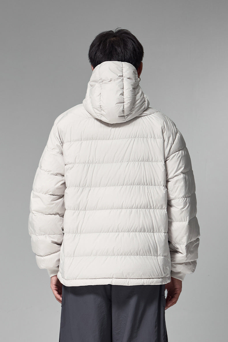 Off-white men’s puffer jacket back close view, quilted baffles