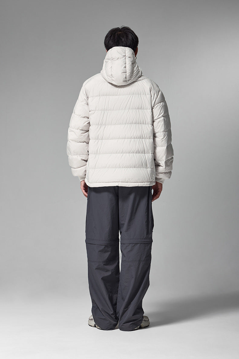 Off-white men’s puffer jacket back view, quilted baffles