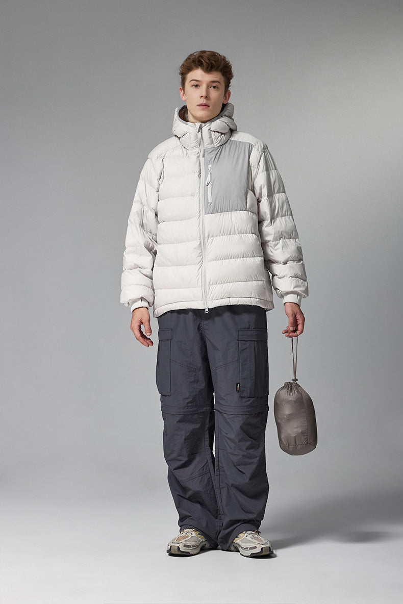 Off-white men’s puffer jacket front on model, hooded water-resistant