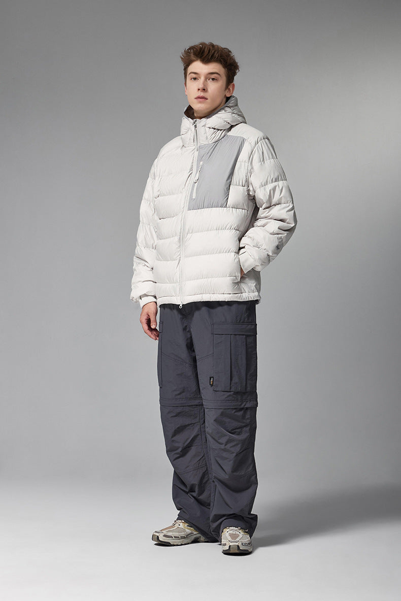 Off-white men’s puffer jacket front side view on model, hooded water-resistant