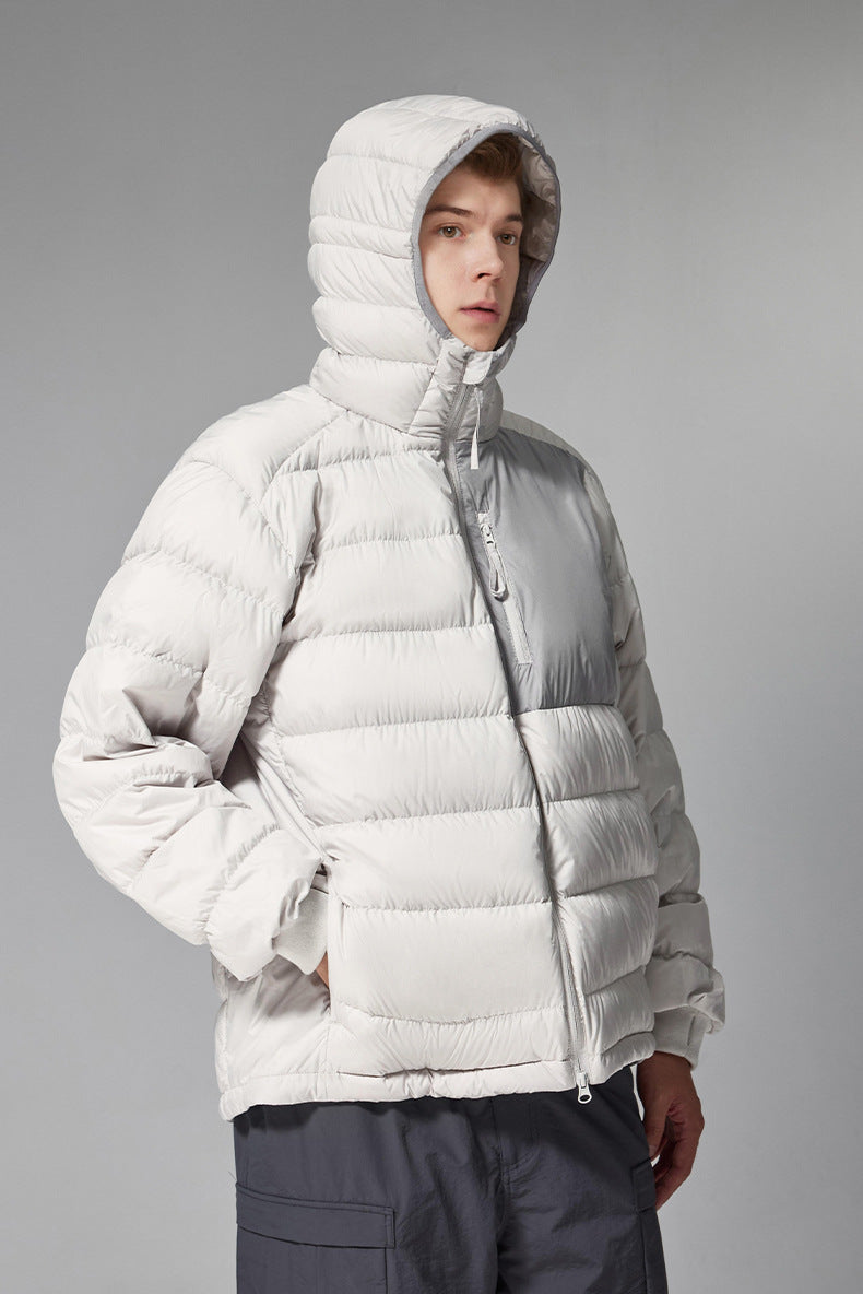 Off-white men’s puffer jacket three-quarter view, zip chest pocket