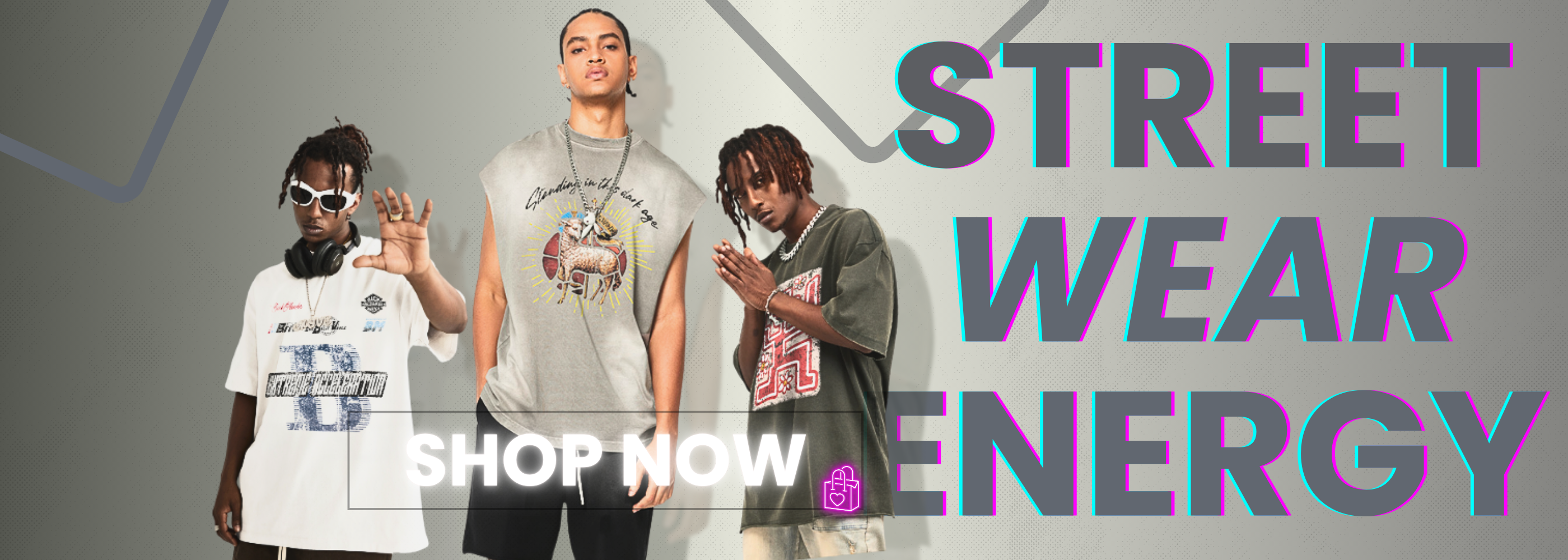 Streetwear Energy – bold layered typography with male models in statement T-shirts and urban attitude.