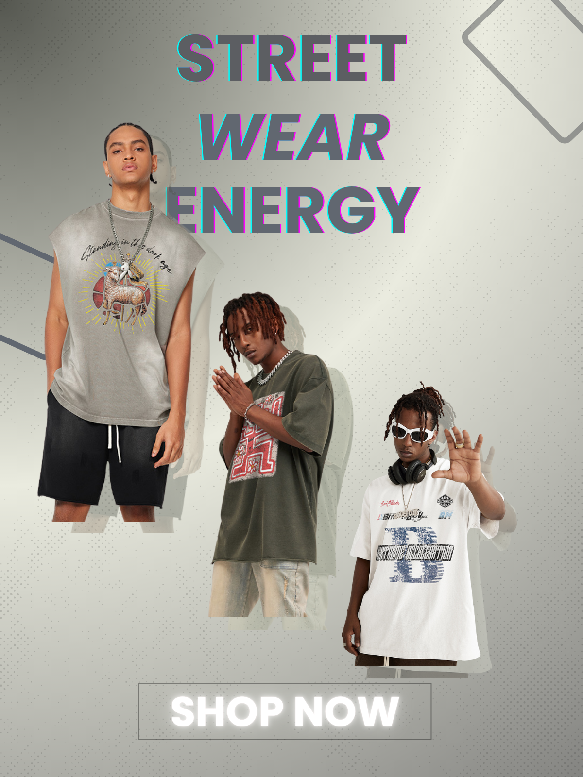Three male models in oversized graphic tees and accessories showcasing streetwear energy.