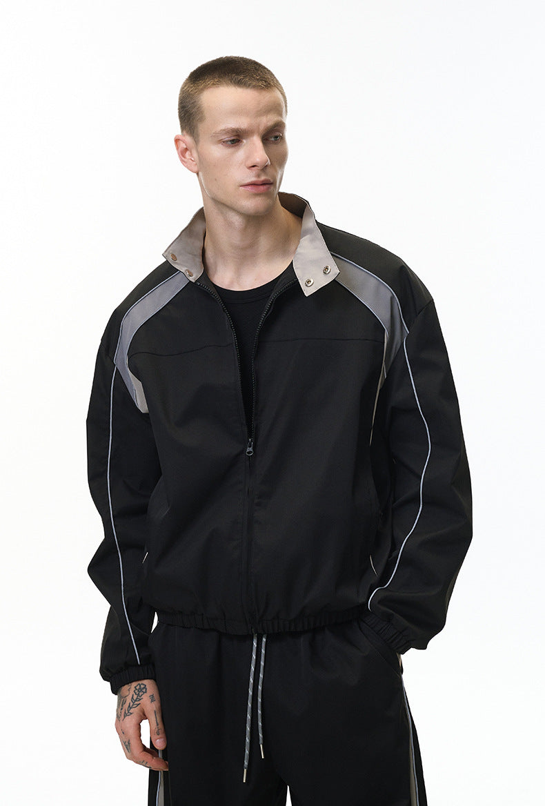 Black racing jacket angled front, stand collar with snaps, relaxed fit